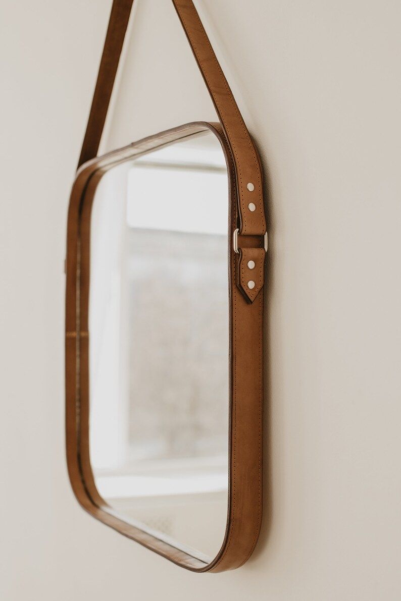 Leather Strapped Mirror Handmade Leather Mirror Straps Wall - Etsy | Etsy (US)