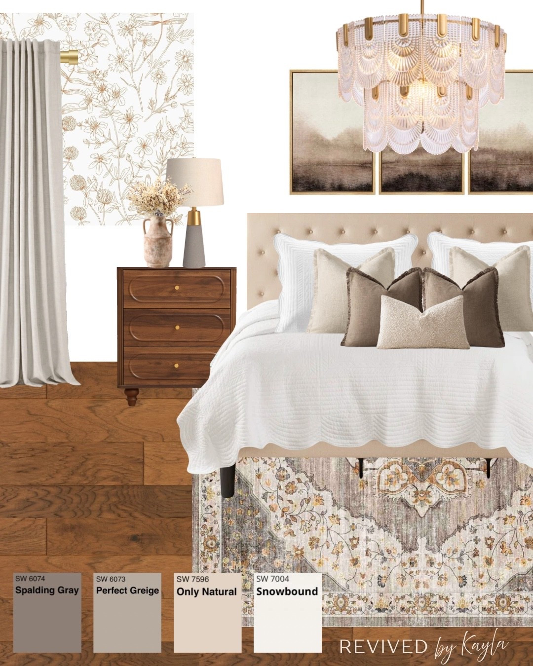 Modern grey, brown, and beige bedroom design with color palette from Sherwin Williams  🍂

#homedesign #homedecor #paintcolors #homeinspo #interiordesign #bedroomdecor #bedroomdesign #homefurniture #bedroomfurniture #masterbedroom #guestbedroom #modern #cozy #neutral #amazon #wayfair #walmart Gold light fixture chandelier, beige bed with white comforter and throw pillows, wood nightstand, beige wallpaper, grey lamp, neutral rug

#LTKHome #LTKFindsUnder50 #LTKFindsUnder100