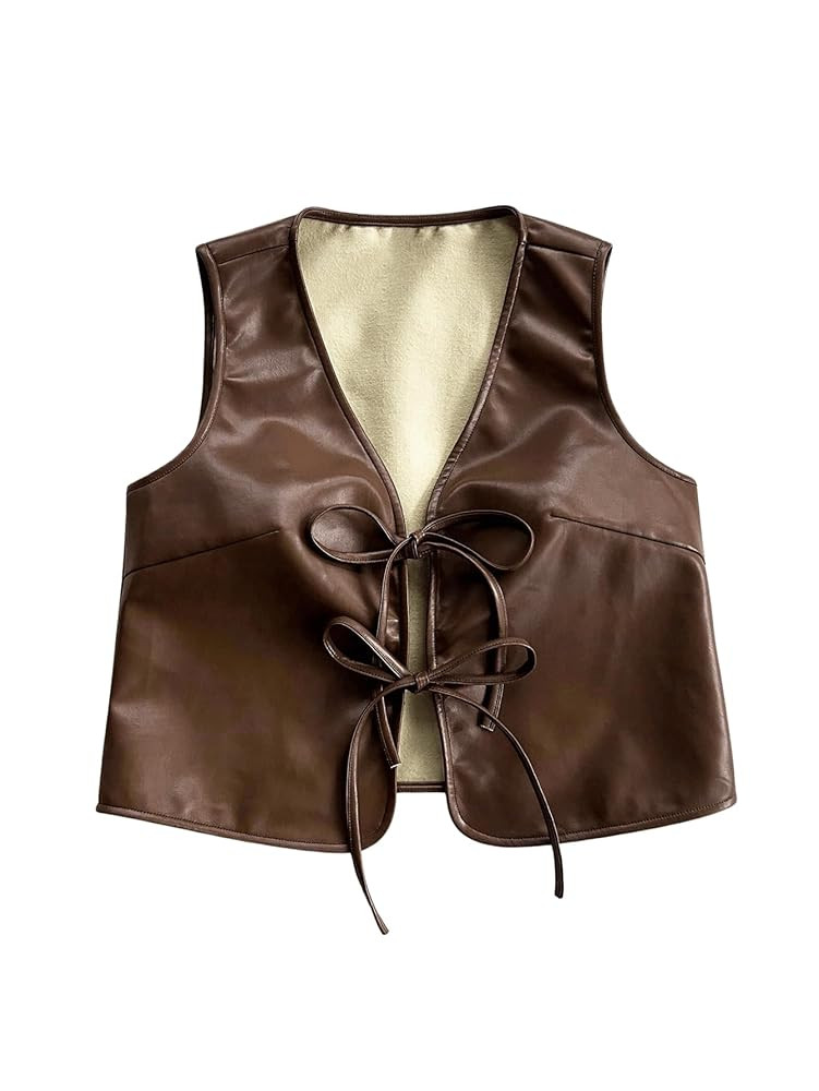 Verdusa Women's Western Leather Cowgirl Vest Bow Tie Front Sleeveless Lightweight Jacket Outerwea... | Amazon (US)