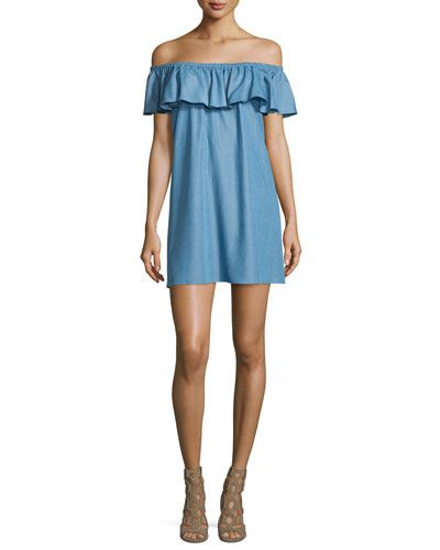 Dev Off-The-Shoulder Ruffle Dress, Light Denim Blue | Neiman Marcus