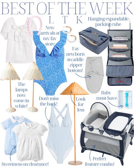 Best of the week! White blouse, bow, back top, blue and white floral, bathing suit, white rattan, scalloped parasol, lamps, designer, look for less HomeGoods, lamp, blue and white striped one piece, J.Crew factory, Peter Pan, colored net bubble, baby romper, blue gingham baby swaddle baby gift baby must-have, baby registry pack and play, baby lounger bassinet, hanging expandable, packing Hume, graduation gift, college gift, blue and white grandmillennial coastal home

#LTKbump #LTKstyletip #LTKhome