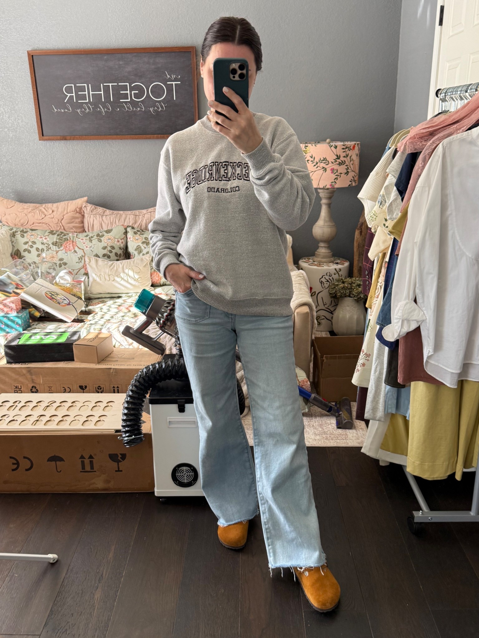 Ignore the messy background- we are under construction around here. 

I needed something comfy to make it through today and these jeans are my favorite stretchy jeans. These fur lined shoes make this outfit a total win! 🥇 

#LTKShoeCrush #LTKPetite #LTKStyleTip