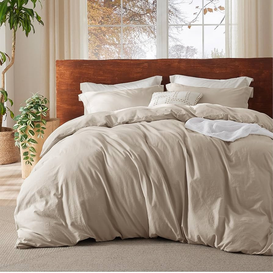 Bedsure 100% Washed Cotton Duvet Cover King Size - Beige Minimalist Cotton Duvet Cover Linen Like... | Amazon (US)
