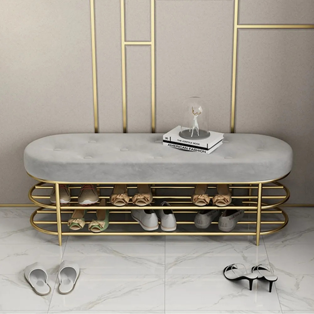 Modern Upholstered Bench Gray Velvet Bench with Shelf Bench with Shoe Storage-Homary | Homary.com