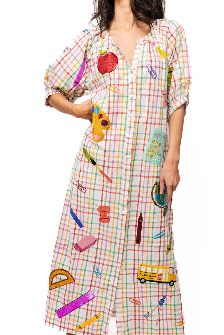 Blue & White Gingham Apple Button Up Cotton Midi Dress | Queen of Sparkles