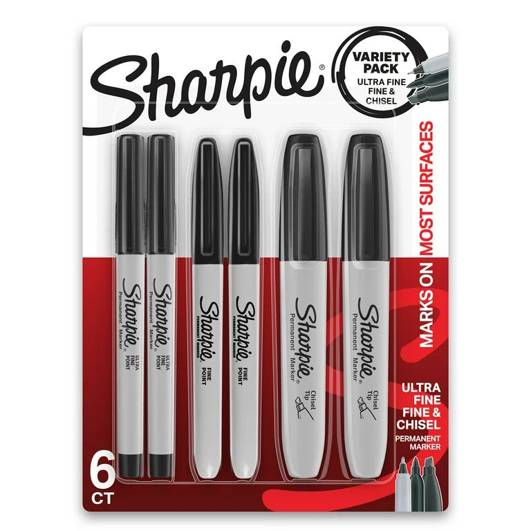 Sharpie Permanent Markers, Multi-Tip Pack, Fine/Ultra Fine/Chisel Tip, Black, 6 Count | Walmart (US)