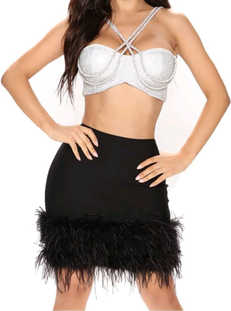 RARITYUS Women's Sexy Feather Trim Mini Skirt Furry Faux Fur High Waisted Bodycon Pencil Skirt for Party Clubwear | Amazon (US)