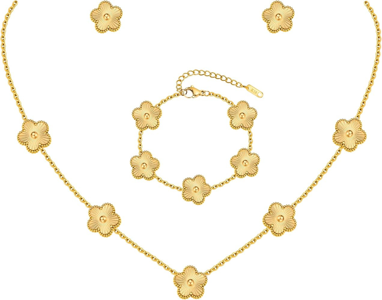 Gold Necklaces Bracelets Earring Set - 18K Gold Plated Flower Bracelet Chain,Stainless Steel Non ... | Amazon (US)