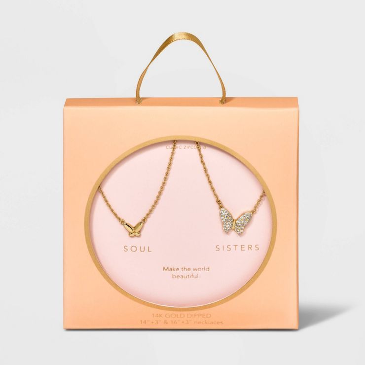 14K Gold Dipped Cubic Zirconia Butterfly Pendant Necklace Set 2pc - Gold | Target