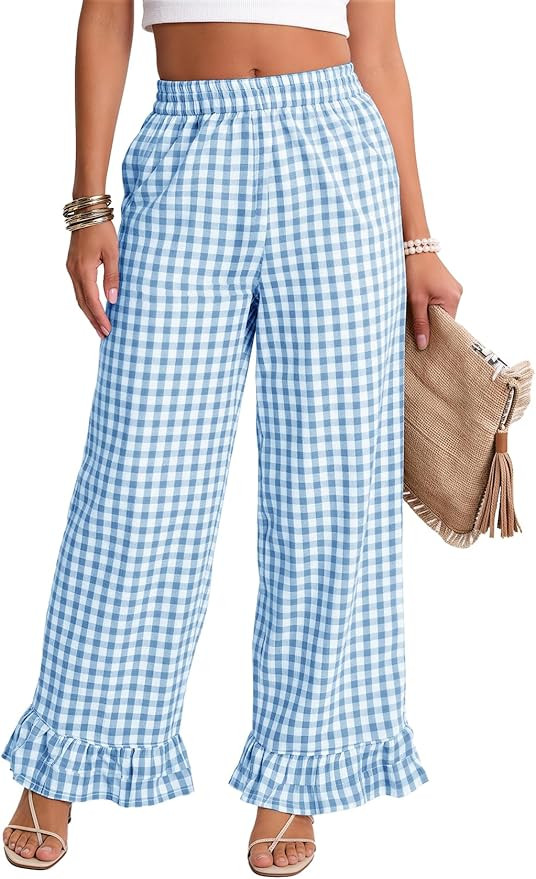 Flygo Women's Gingham Pants Y2K Cotton Wide Leg Ruffle Hem Lounge Pants Plaid Elastic Waisted Tro... | Amazon (US)