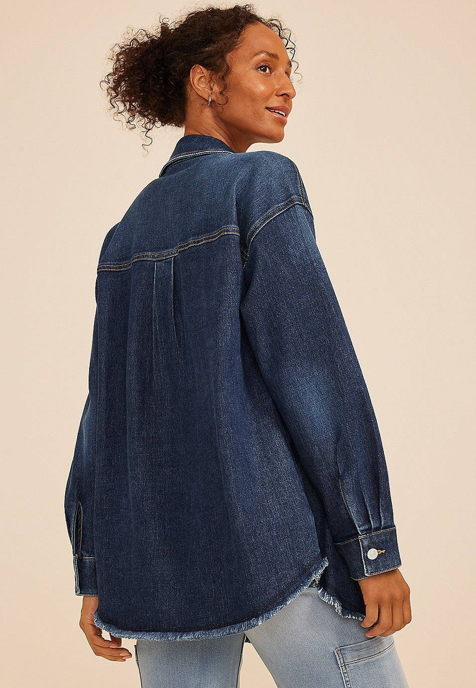 Dark Denim Fray Hem Oversized Shacket | Maurices