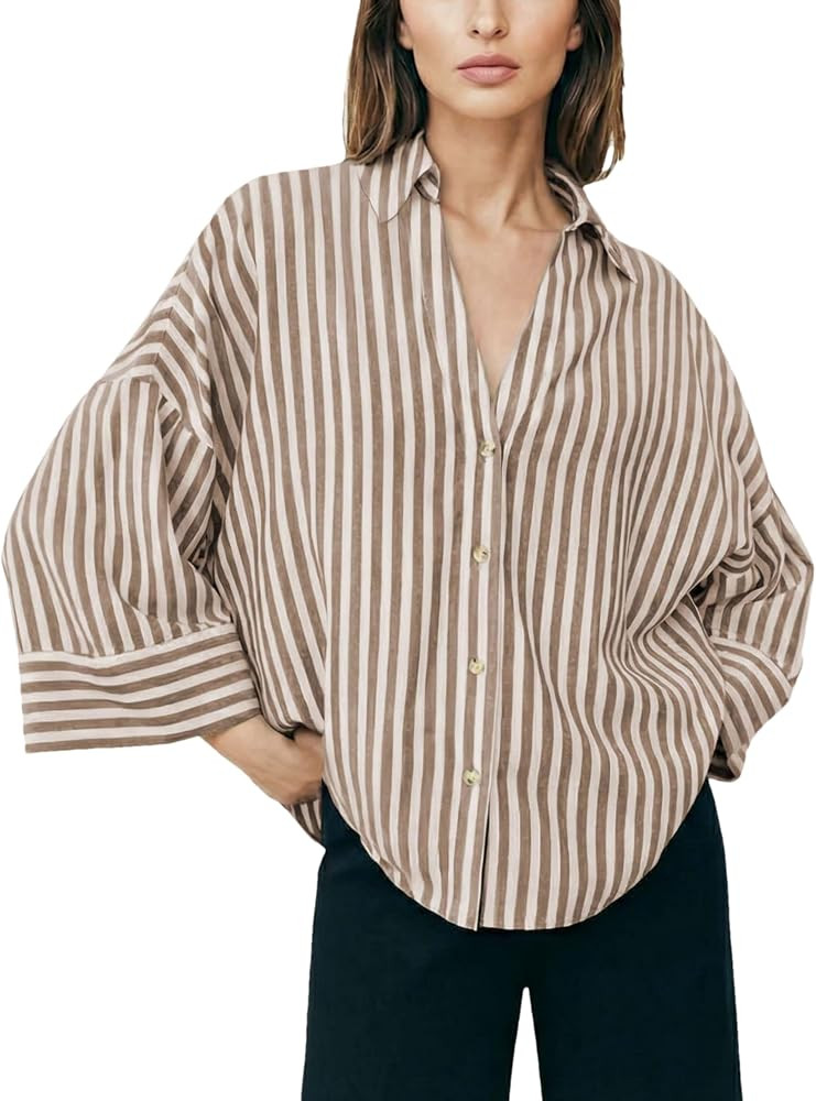 Womens Striped Button Down Shirts Lapel V Neck 3/4 Sleeve Casual Blouses Summer Loose Fit Tops | Amazon (US)