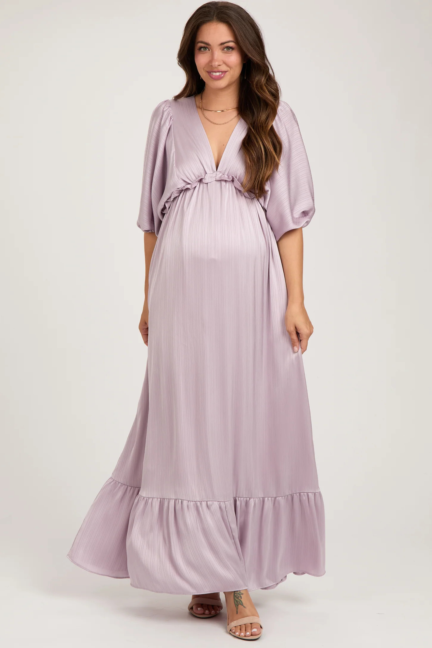 Lavender Striped Ruffle Accent Maternity Maxi Dress | PinkBlush Maternity
