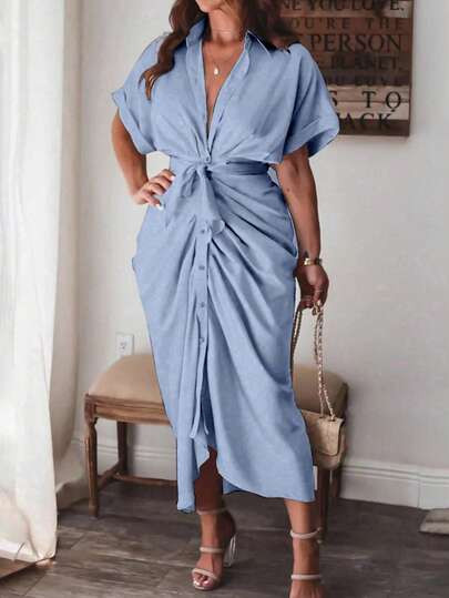 Vionelle Plus Size Solid Color Pleat Hem Shirt Dress Maxi Women Outfit Resort Wear Women Vacation Dress Wrap Around Dresses For Ladies Wrap Dress High Quality Dress | SHEIN