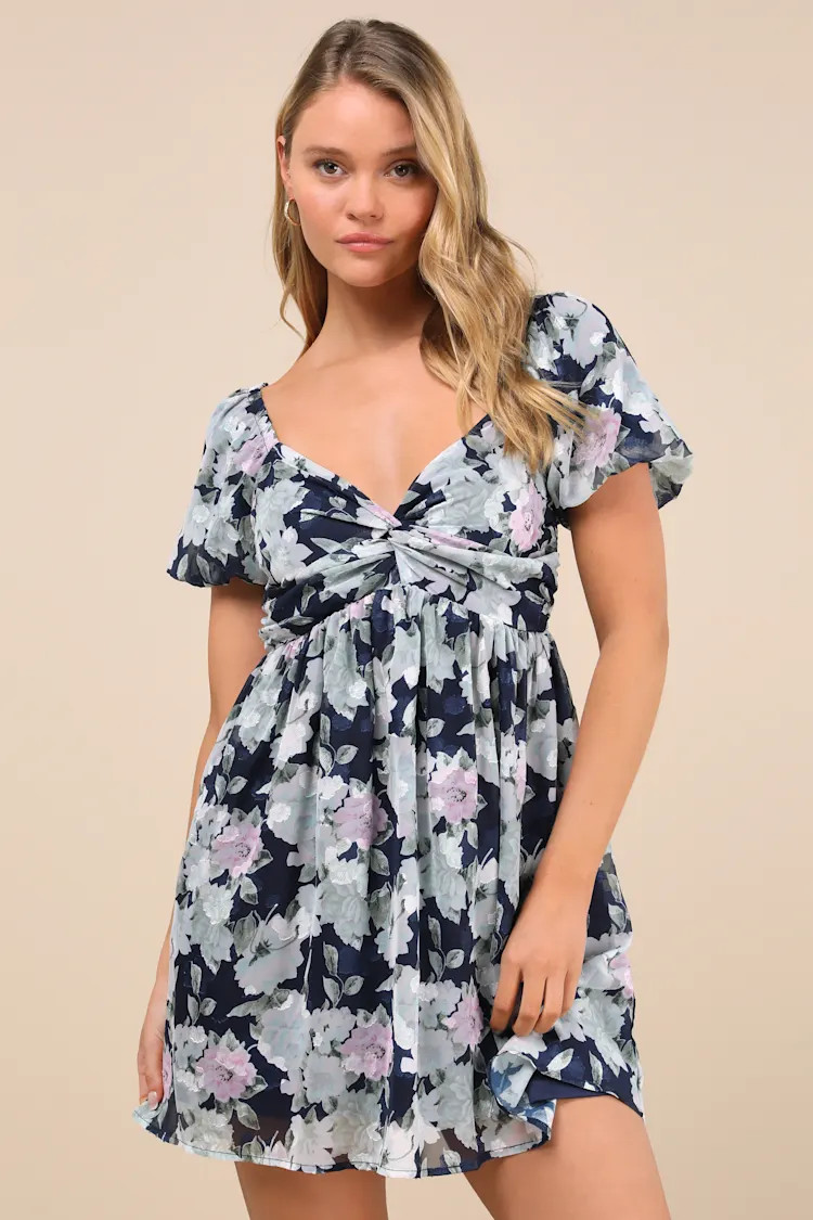 Fresh Florals Navy Floral Print Puff Sleeve Mini Dress | Lulus