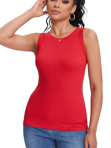 Red Ribbed Tank Tops Women Slim Fit Summer Tops(Red Large) | Amazon (US)