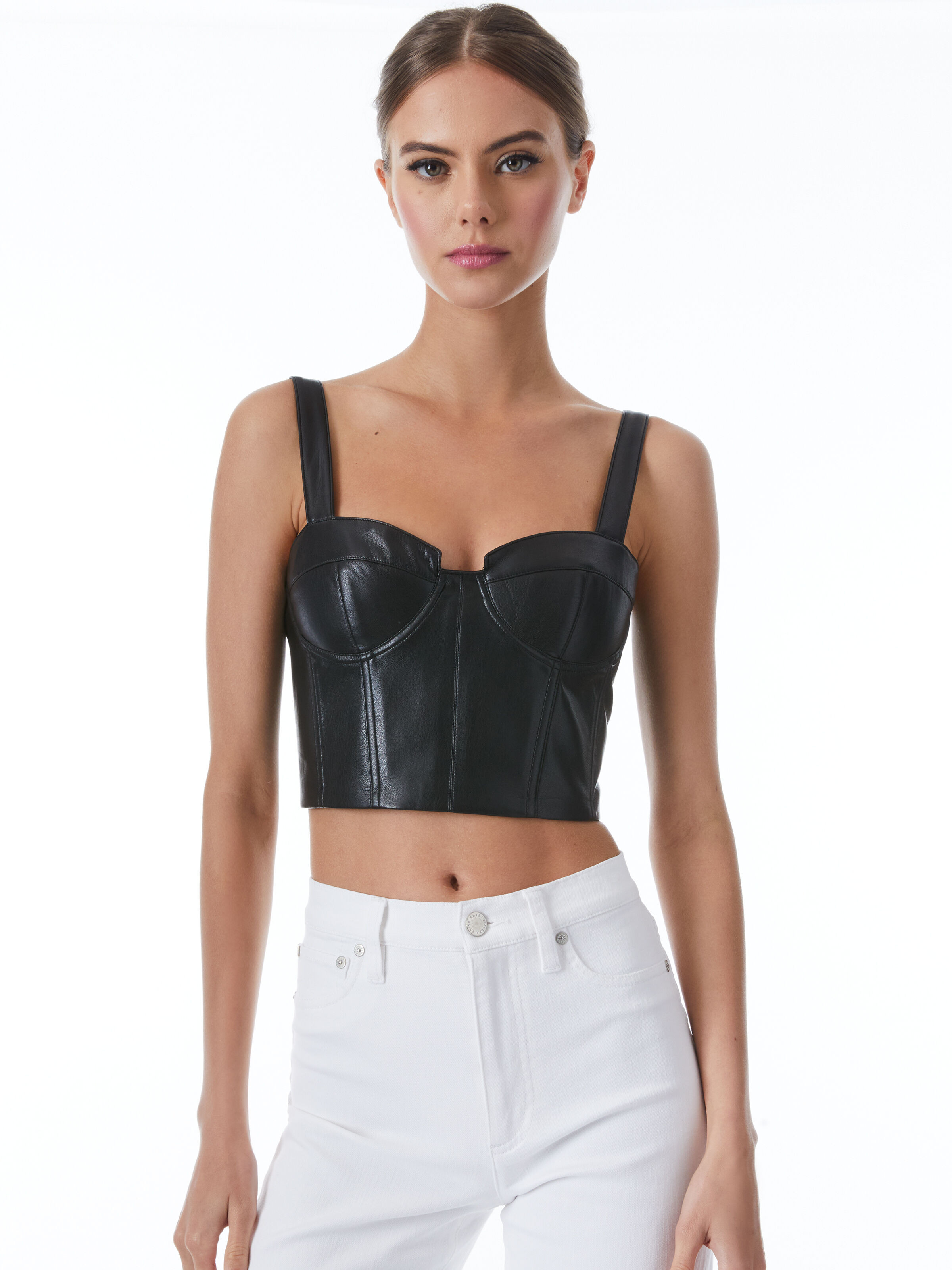 alice + olivia JEANNA BUSTIER VEGAN LEATHER CROP TOP | Alice + Olivia