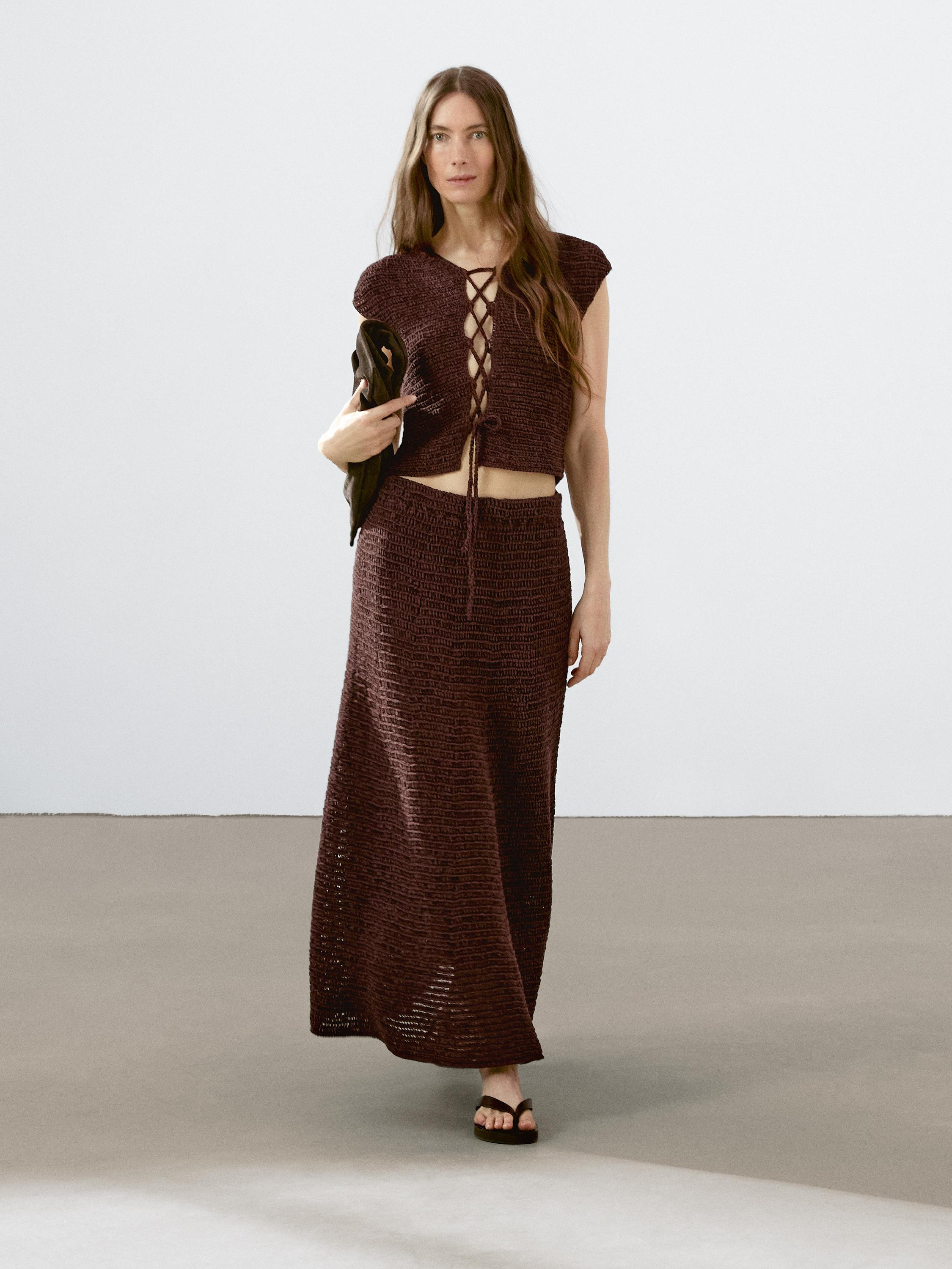 Cotton blend crochet waistcoat with tie detail | Massimo Dutti UK