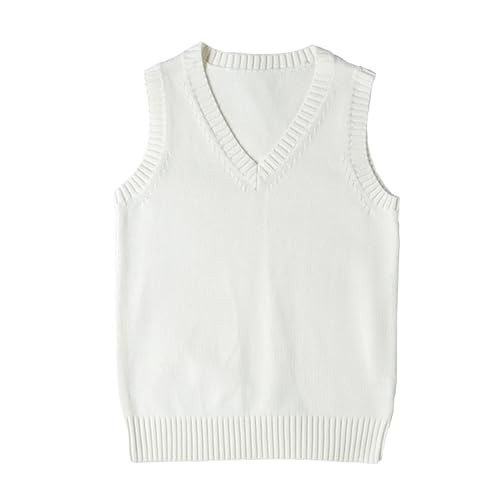 ZUEVI Women's Sweater Vest Classic V Neck Uniform Pullover Knitwear Tops Sleeveless Knitted Sweaters Vests(White-S) | Amazon (US)