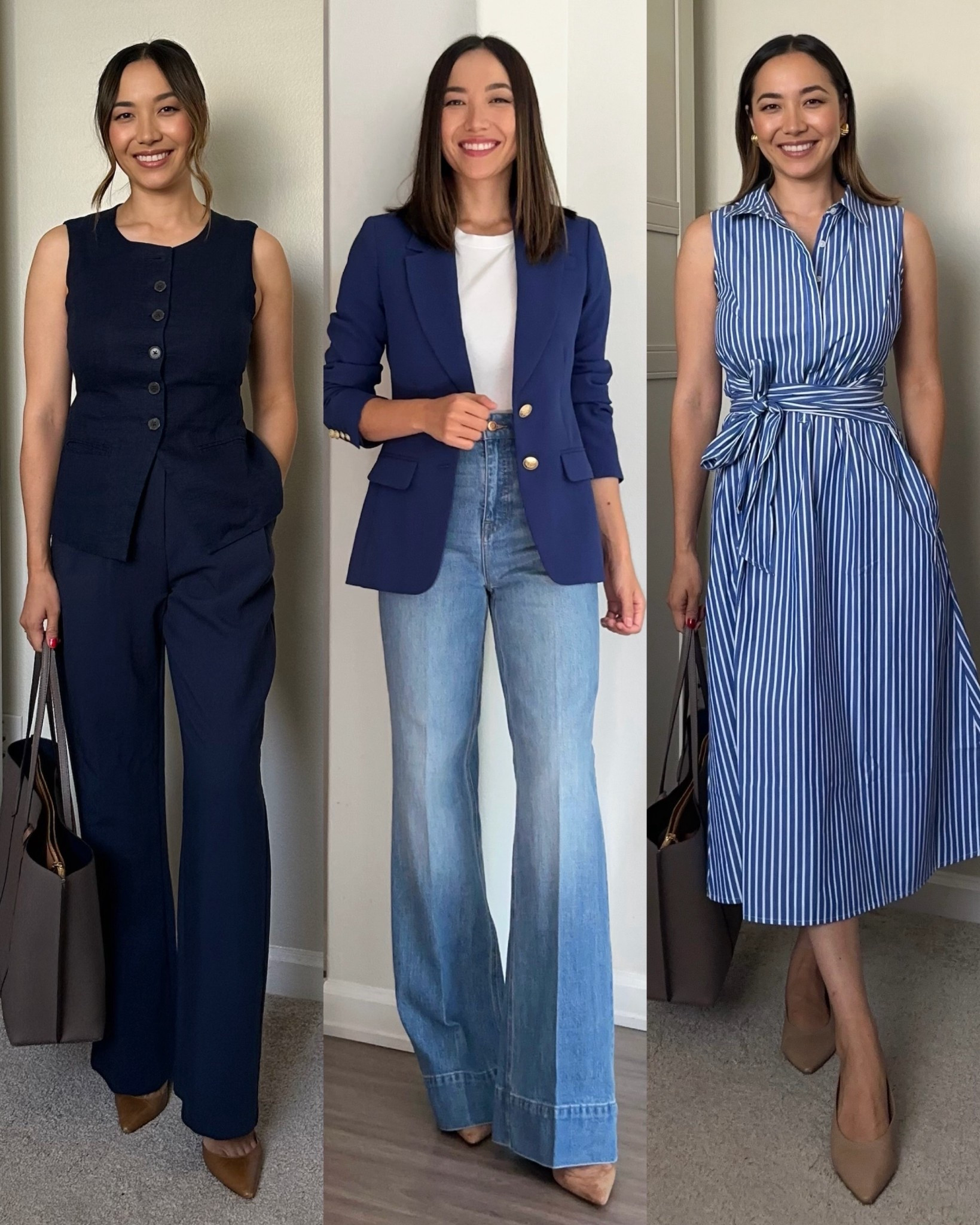 Spring/summer business casual work outfits with navy 💙

Outfit 1: jcrew line vest, Abercrombie Sloane pants 
Outfit 2: jcrew blazer (old), jcrew trouser jeans - regular inseam runs long 
Outfit 3: BR factory dress - from last year, similar was just restocked + on sale! 

#LTKWorkwear #LTKSaleAlert