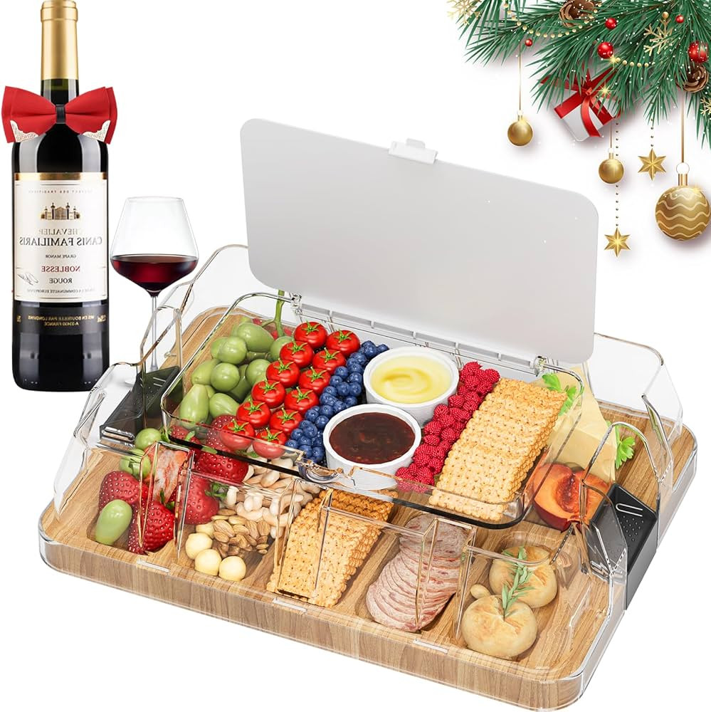 6-Compartment Charcuterie Board With Lid, 100% Bamboo Cheese Board, Cheese Platter with Locking h... | Amazon (US)