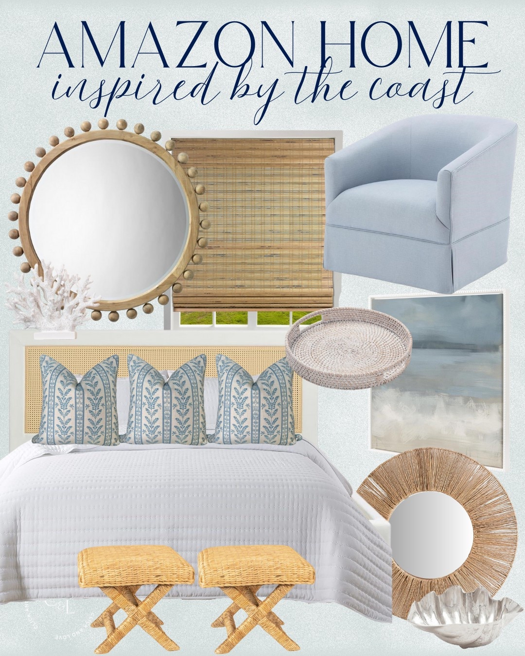 Coastal design inspiration on Amazon! Such a serene mood board for a beachy interior style 🌊

framed art, accent pillow, pillow covers, patterned pillow, wall art, artwork, silver bowl, oyster bowl, coral, decorative tray, rattan tray, blue and white aesthetic, how to style a coffee table, home designer look for less, budget friendly home decor, ottoman, ceramic lamp, rattan furniture, grandmillennial style, beach house interiors, circle mirror, landscape art, coral finds, beaded finds, accent chair, swivel chair, bedroom inspo, rattan headboard, white quilt set, affordable bedding, budget friendly home decor

#LTKFindsUnder100 #LTKStyleTip #LTKHome