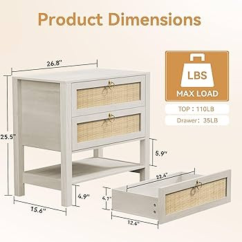 Rattan Nightstand with 2 Drawers and Storage Shelf, 26” Tall Boho Night Stand, Wood Large Bedsi... | Amazon (US)