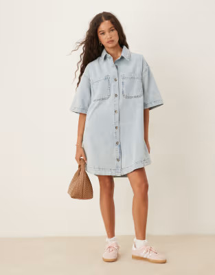 ASOS DESIGN denim short sleeve mini shirt dress in lightwash | ASOS | ASOS (Global)
