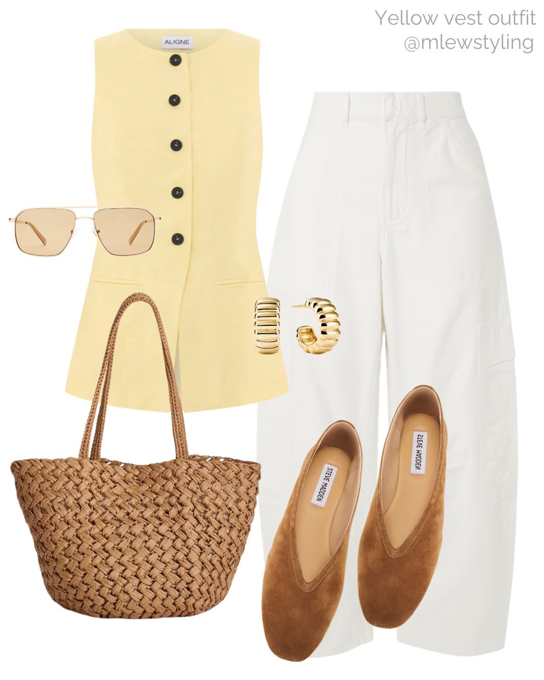 Spring weekend outfit with a pale yellow vest 💛

Tags: white barrel leg chino pants, Steve Madden suede flats, woven tote bag, Aligne waistcoat, aviator sunglasses, neutral aesthetic, capsule wardrobe 

#LTKSeasonal #LTKgrwm #LTKootd