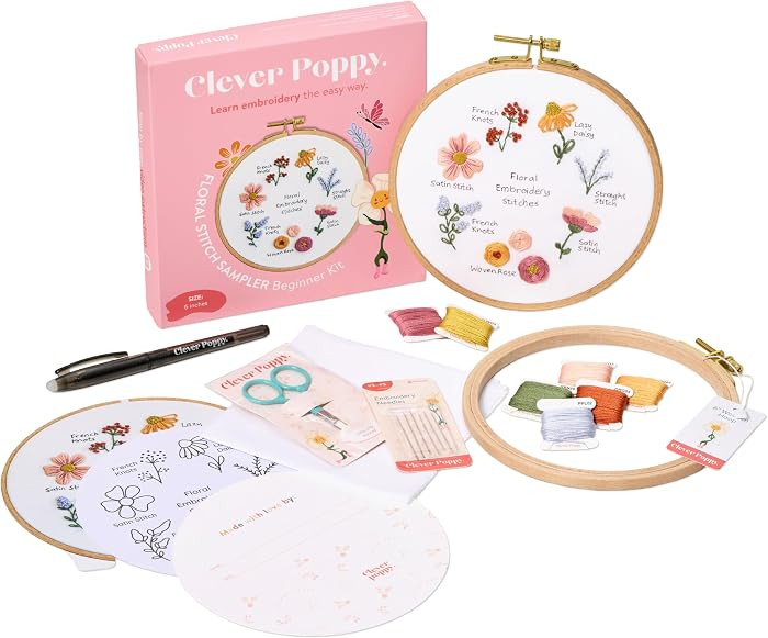 Clever Poppy Floral Stitch Sampler Beginner Embroidery Kit \u2013 Easy Embroidery Kit for Beginne... | Amazon (US)