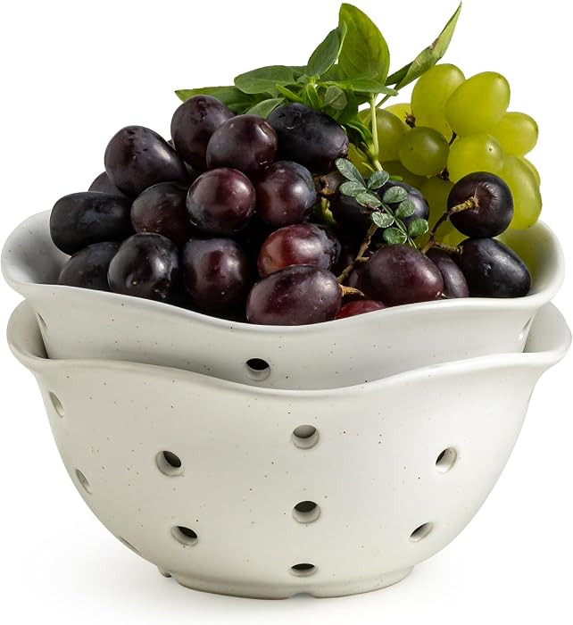 Gomakren Ceramic Berry Basket Set of 2, Rustic Fruit Basket Container 6 Inch, Fruit Bowl with Hol... | Amazon (US)