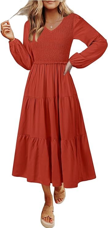 MEROKEETY Women's 2024 Casual Long Sleeve Smocked Dress V Neck High Waist Ruffle Tiered Midi Dres... | Amazon (US)