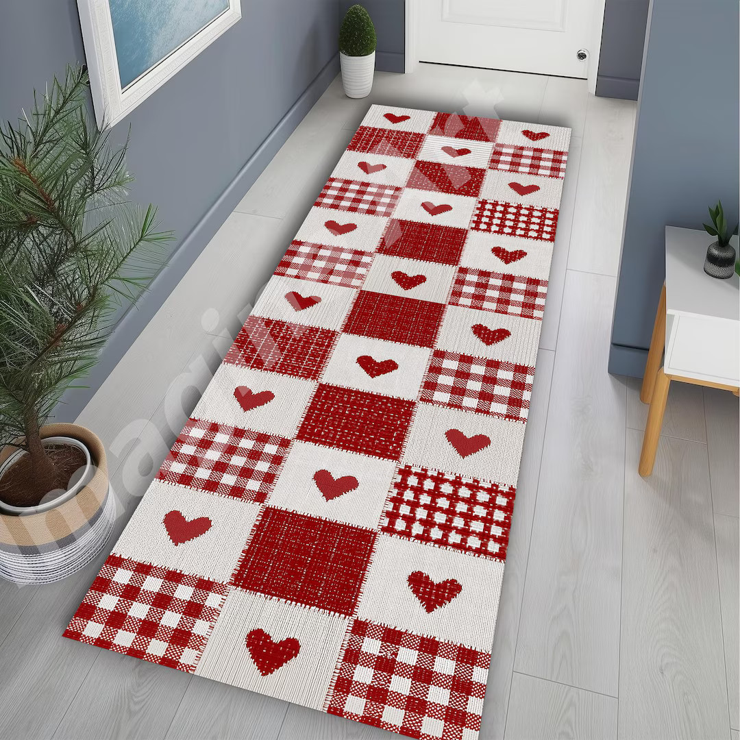 Heart Runner Rug: Red and White, Plaid Patchwork, Red Hearts Design, Valentine's Decor | Etsy (US)