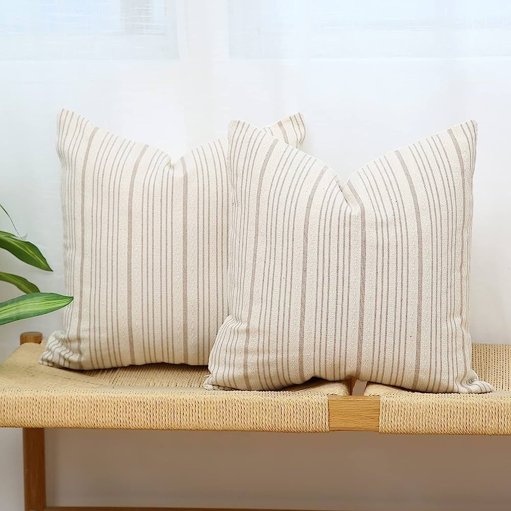 Kiuree Khaki and Beige Farmhouse Throw Pillow Covers 22 x 22, Modern Accent Square Decorative Pi... | Amazon (US)