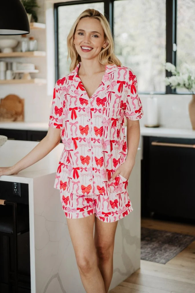 Pink & Red Coquette Bows PJ Shorts Set For Women | Katydid