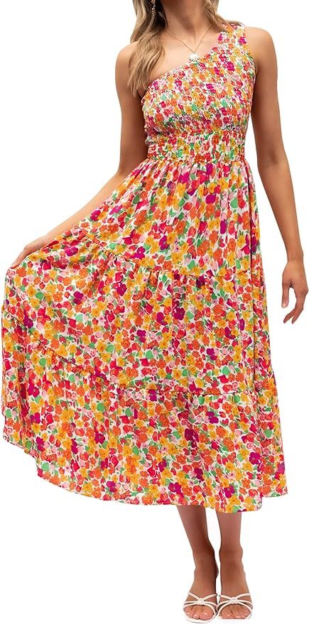 ZESICA Women's Bohemian Summer Floral Print One Shoulder Sleeveless Smocked Ruffle Tiered Beach L... | Amazon (US)