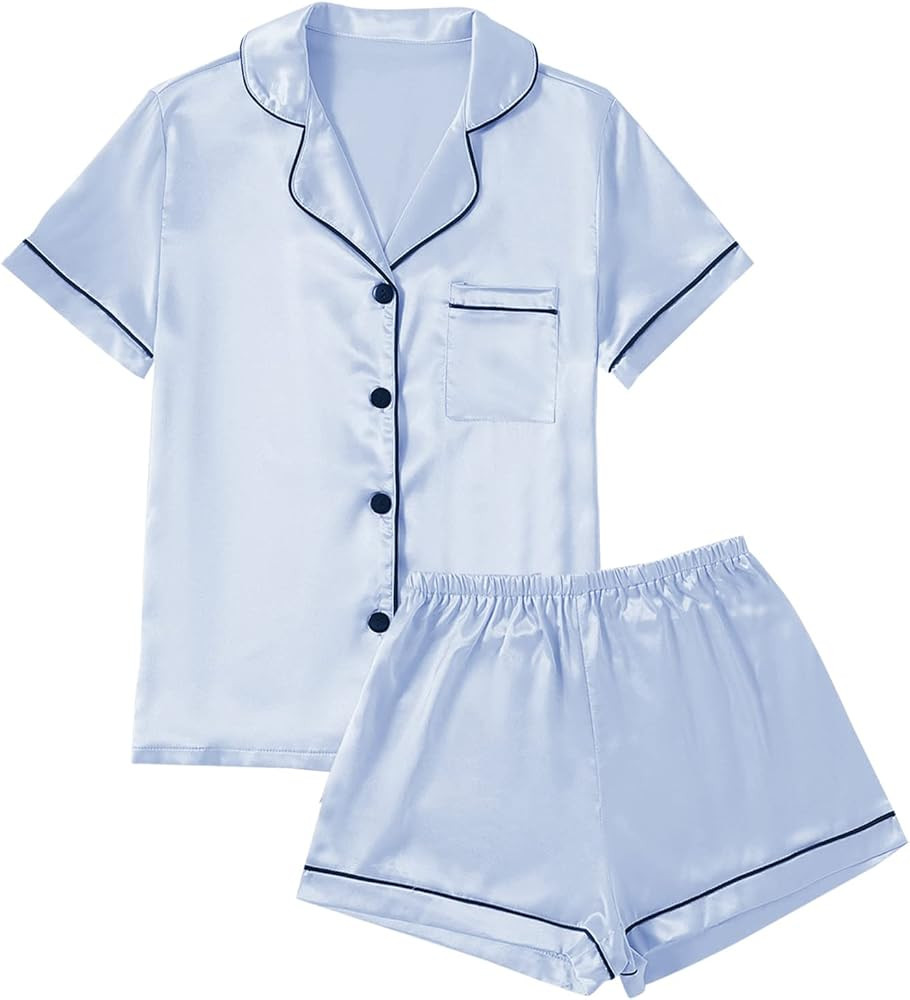 LYANER Women's Satin Pajamas Set Short Sleeve Button Shirt Silky Sleepwear with Shorts Set PJ | Amazon (US)