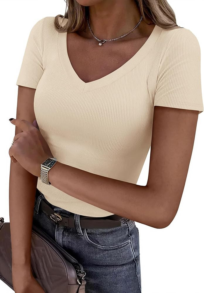 PRETTYGARDEN Women 2026 Spring Tops Trendy Ribbed Short Sleeve V Neck Fitted Basic Tee Shirts Cas... | Amazon (US)