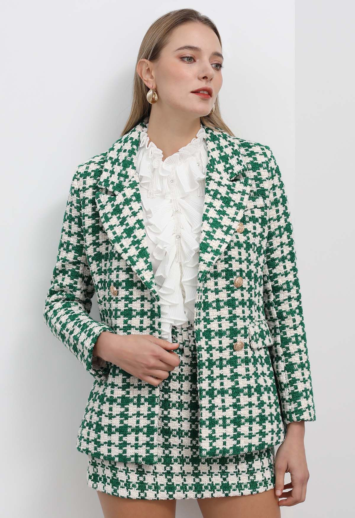 Lush Houndstooth Tweed Double-Breasted Blazer | Chicwish
