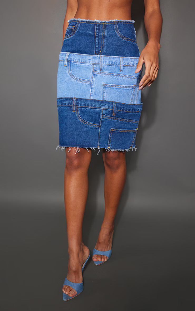 Mid Blue Wash Jeans Waistband Contrast Panel Denim Skirt | PrettyLittleThing US