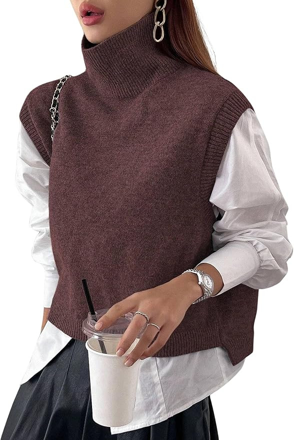 Women Turtleneck Crop Sweater Vest Sleeveless High Neck Solid Loose Fit Knitted Causal Jumper Top... | Amazon (US)