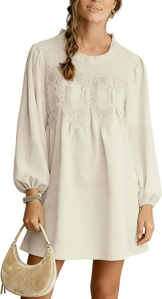 Womens Fall Faux Suede Mini Babydoll Dress Lace Patchwork Long Sleeve Crewneck Loose Ruffle A-line Sundress | Amazon (US)