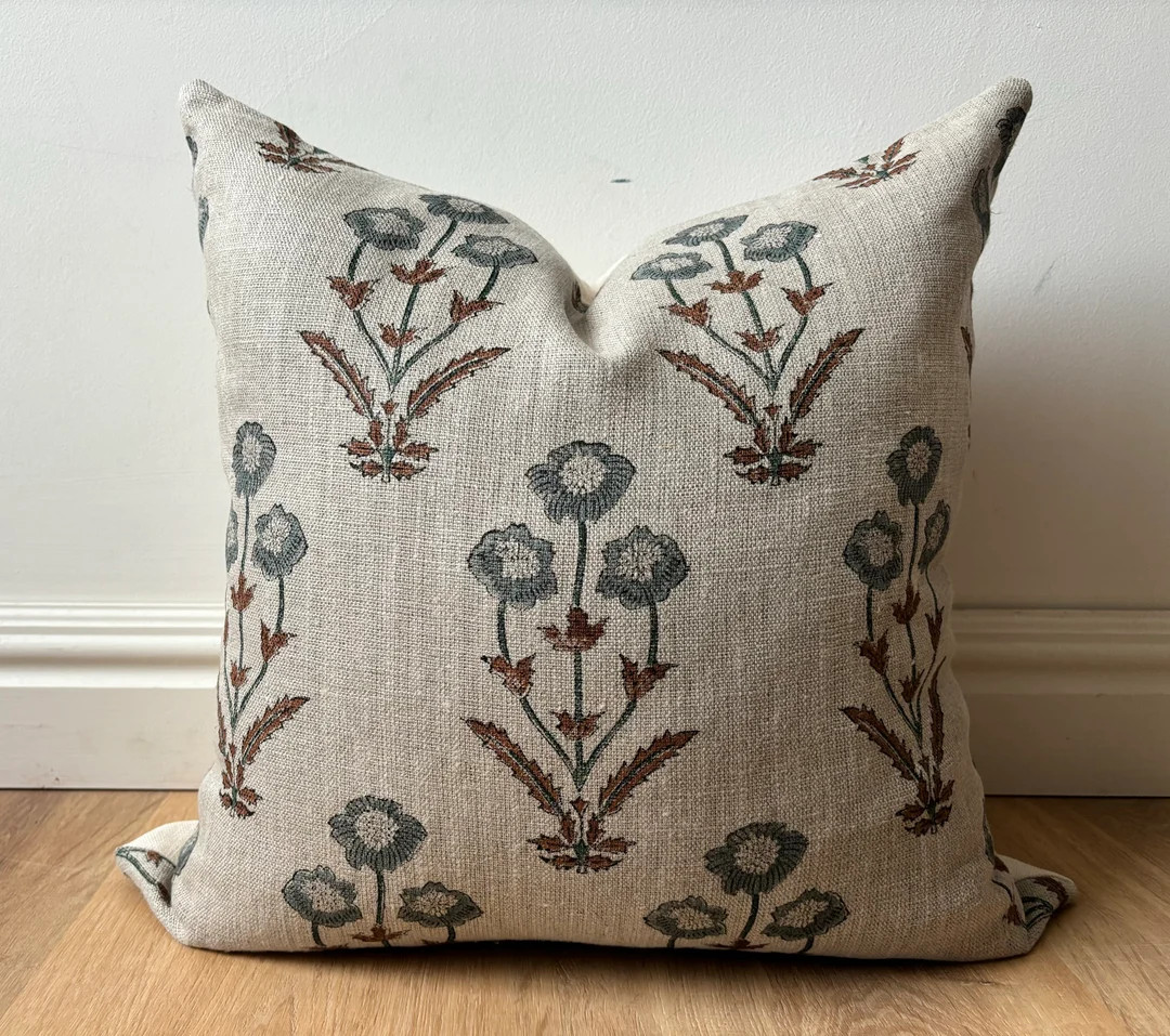 Authentic Boho Floral Indian Hand Block Stamped Linen Print Pillow Cover Blue Amber Brown Natural... | Etsy (US)