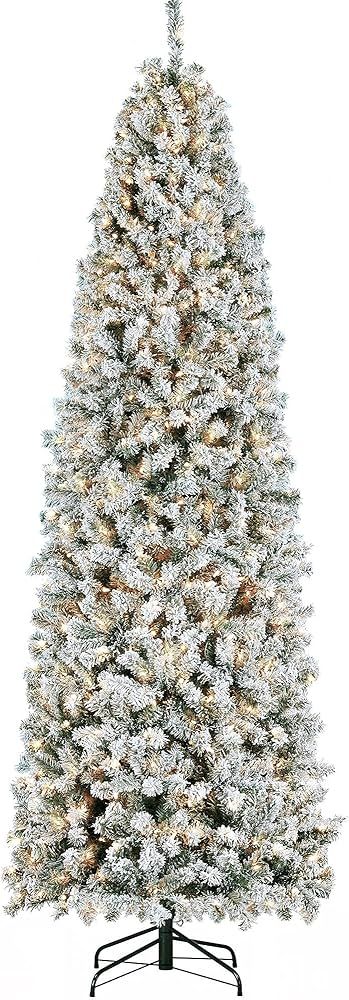 Yaheetech 9ft Pre-lit Snow Flocked Pencil Christmas Tree Kingswood Fir Hinged Slim Skinny Corner ... | Amazon (US)