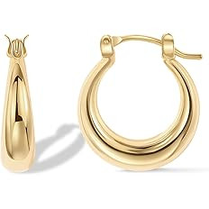 PAVOI 14K Gold Plated 925 Sterling Silver Posts Oval Chunky Hoop Earrings for Women - Trendy Stat... | Amazon (US)
