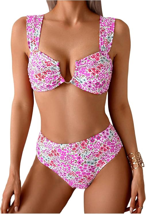 MakeMeChic Women's Floral Bikini Set V Wire High Waist Bathing Suit 2 Piece Swimsuit | Amazon (US)