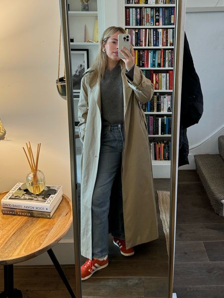 Maxi trench coat, adidas gazelle trainers, blue denim, smart casual outfit, knitwear, day time outfit, Levi’s jeans, aligned, 90s jeans 

#LTKstyletip #LTKSeasonal #LTKeurope