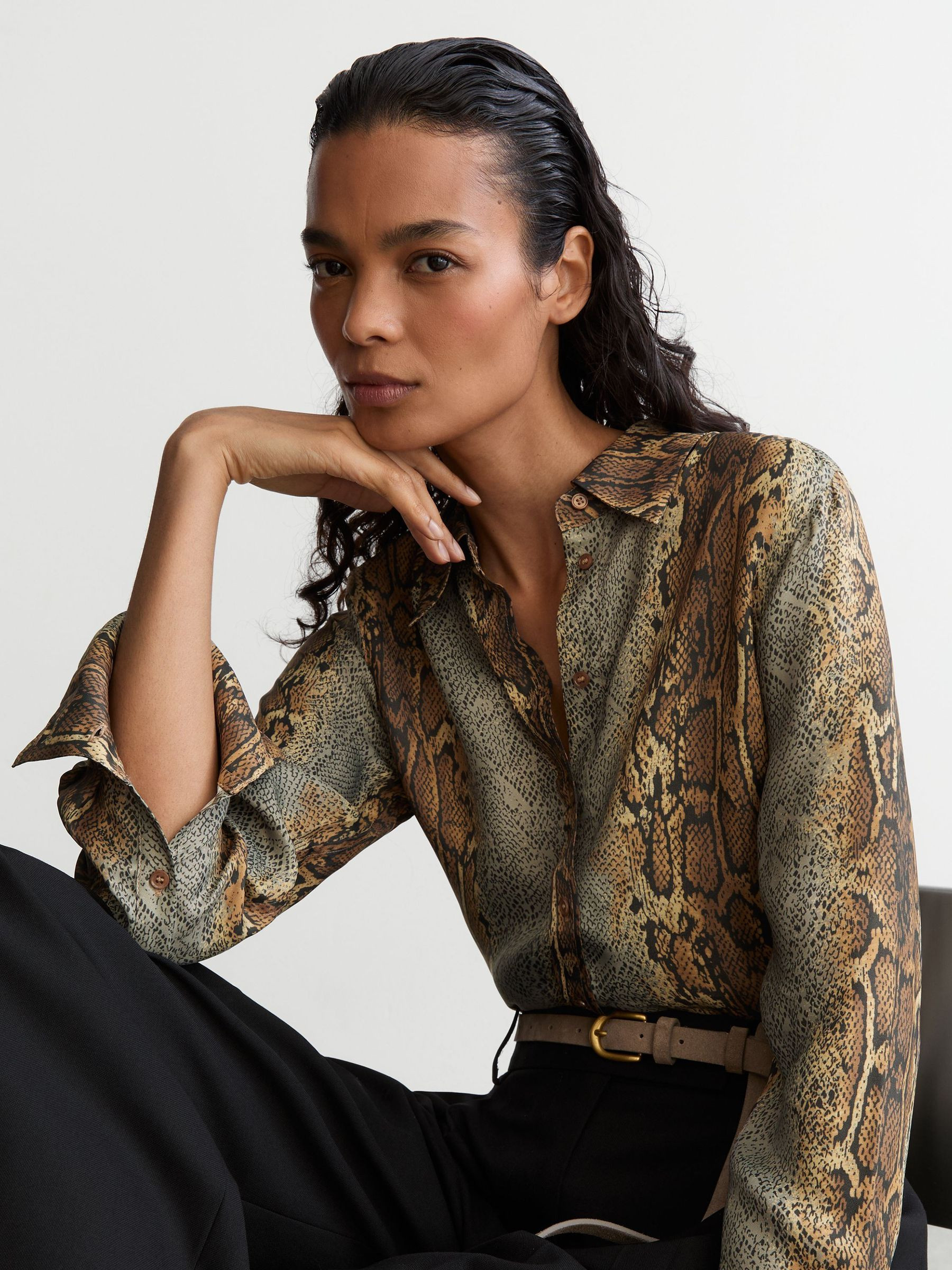 Reiss Snakeskin-Print Long-Sleeve Shirt in Neutral/Grey | REISS | Reiss US
