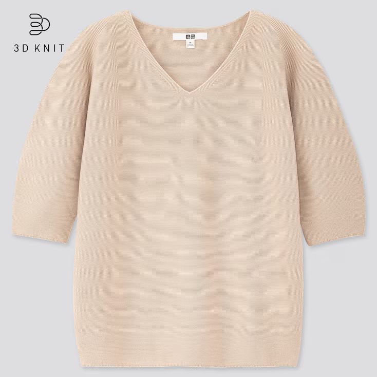 UNIQLO Women's 3d Cotton V-Neck Puff Half-Sleeve Sweater, Beige, XXL | UNIQLO (US)