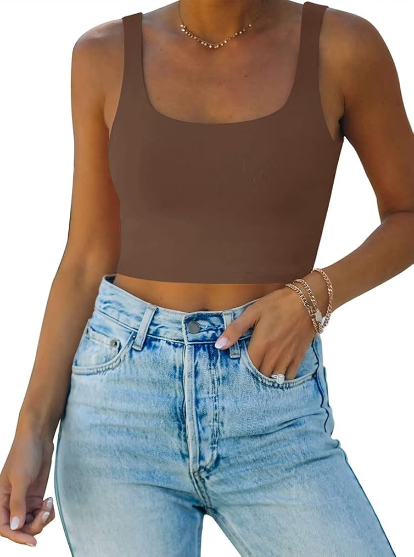REORIA Women’s Sexy Square Neck Double Lined Seamless Sleeveless Cropped Tank Yoga Crop Tops | Amazon (US)